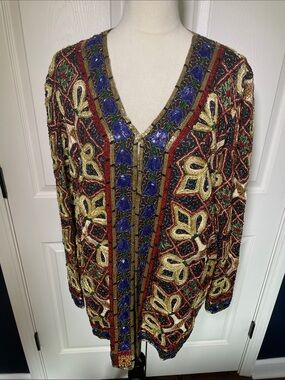 Vintage 90s Past Times Heavily‎ Beaded Multicolor V-Neck Blazer Jacket Size XL